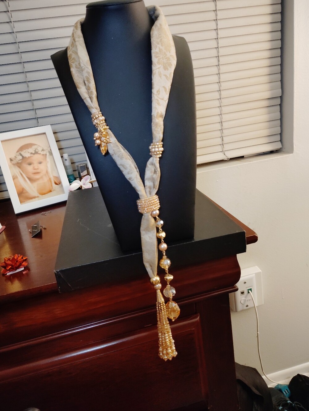 Chico's Cream Floral Fabric Scarf Necklace Faux Pearl Crystal Tassel